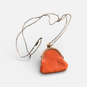 Vintage BrownLeather Coin Pocket Kiss Lock Gold Chain Necklace boho vibes